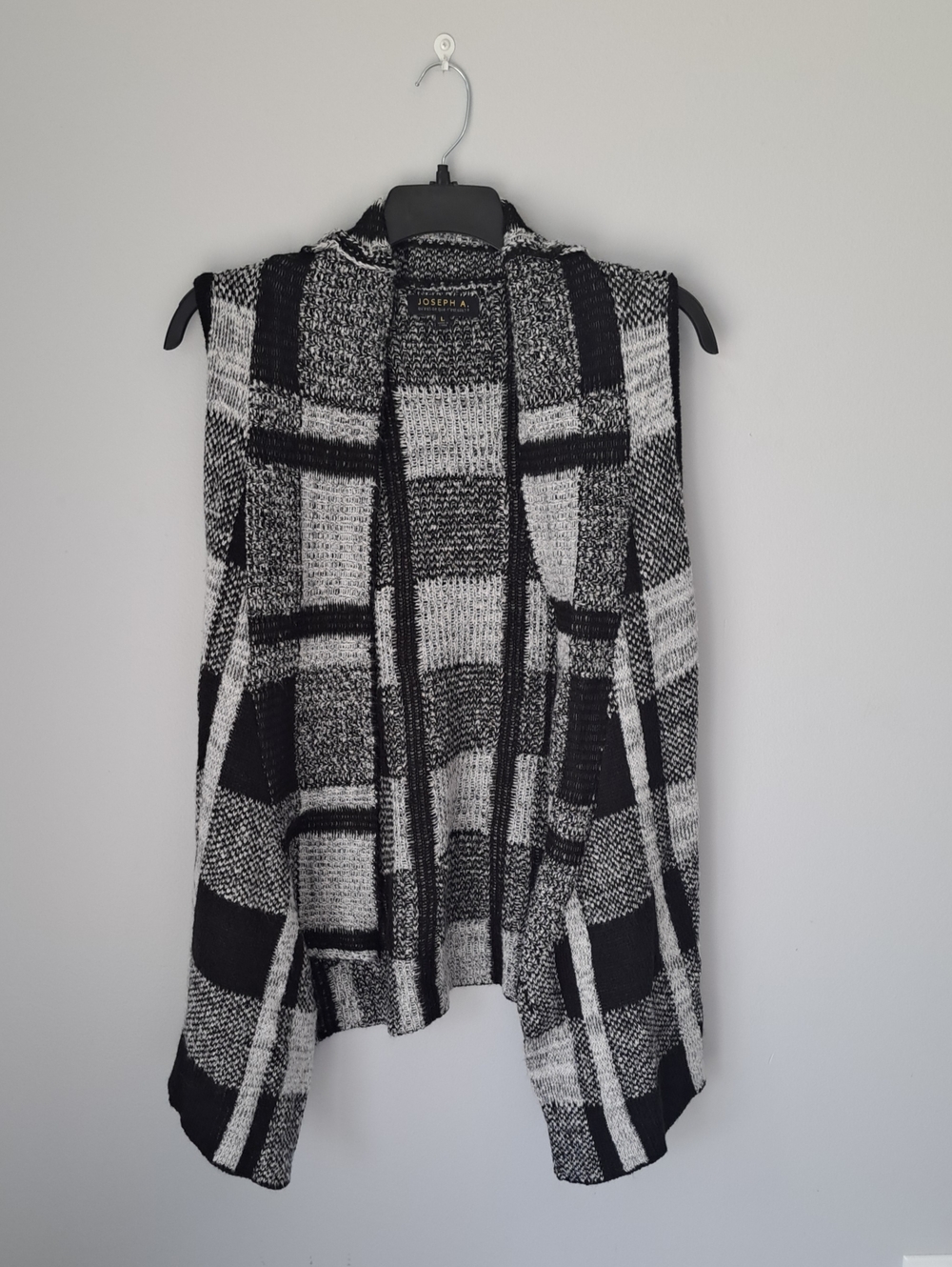 Joseph Black and White Plaid Open-Front Knit Vest